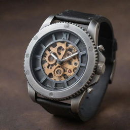 A machinepunk styled wristwatch, resplendent with the ruggedness of raw machinery. It features a hardened layer of steel and sprocket, frame encasing visibly moving gears and pinions, all linked to a practical, industrial-chic strap.