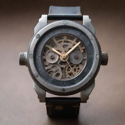 A machinepunk styled wristwatch, resplendent with the ruggedness of raw machinery. It features a hardened layer of steel and sprocket, frame encasing visibly moving gears and pinions, all linked to a practical, industrial-chic strap.