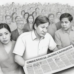 Create an editorial cartoon representing the shutdown of CNN Philippines due to high operating costs, with a focus on jobless journalists and the effect on the media industry.