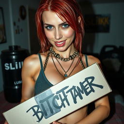 A close-up shot of a gorgeous female redhead with wet hair, wearing a tank top adorned with punk chains