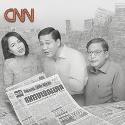 Create an editorial cartoon representing the shutdown of CNN Philippines due to high operating costs, with a focus on jobless journalists and the effect on the media industry.