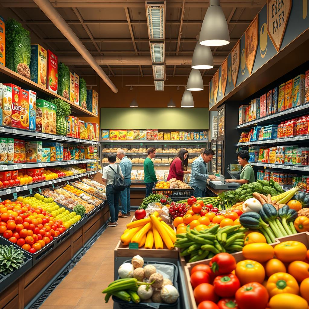 A realistic food store interior showcasing a variety of fresh produce, baked goods, and packaged items on shelves