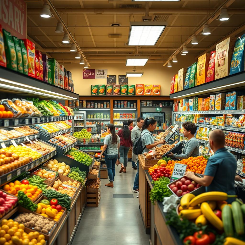 A realistic food store interior showcasing a variety of fresh produce, baked goods, and packaged items on shelves