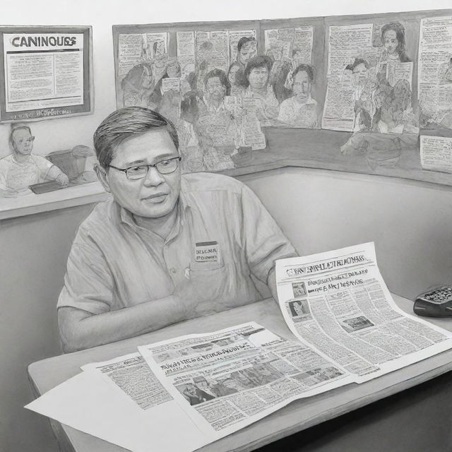 Create an editorial cartoon representing the shutdown of CNN Philippines due to high operating costs, with a focus on jobless journalists and the effect on the media industry.