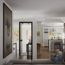 A contemporary yet slightly traditional living room fused with an open-space kitchen.