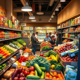 A realistic food store interior showcasing a variety of fresh produce, baked goods, and packaged items on shelves