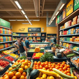 A realistic food store interior showcasing a variety of fresh produce, baked goods, and packaged items on shelves