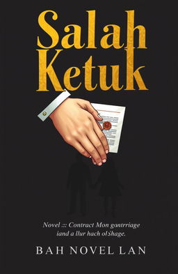 A novel cover for 'Salah Ketuk' featuring a prominent title in bold and elegant uppercase letters, crafted in contrasting gold or silver against a dark background to enhance a dramatic effect