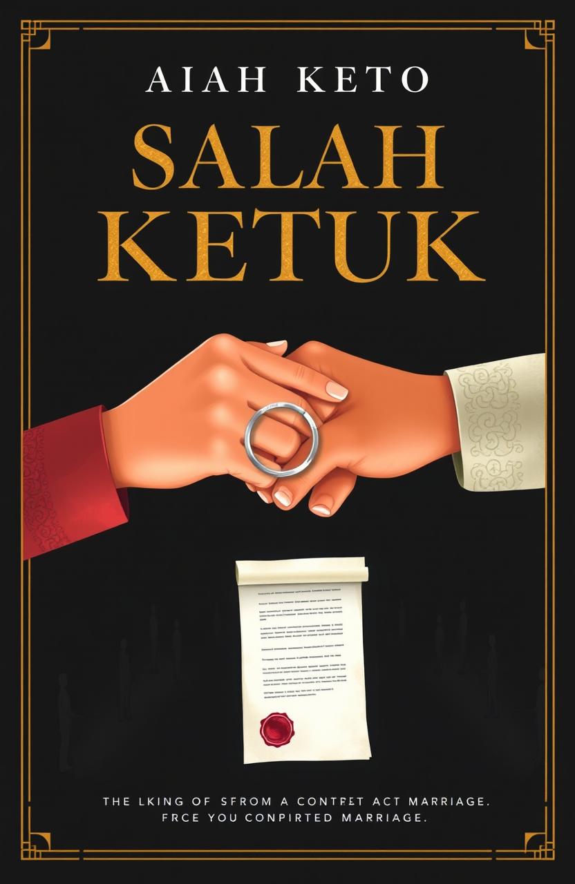 A novel cover for 'Salah Ketuk' featuring a prominent title in bold and elegant uppercase letters, crafted in contrasting gold or silver against a dark background to enhance a dramatic effect