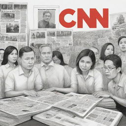 Create an editorial cartoon representing the shutdown of CNN Philippines due to high operating costs, with a focus on jobless journalists and the effect on the media industry.