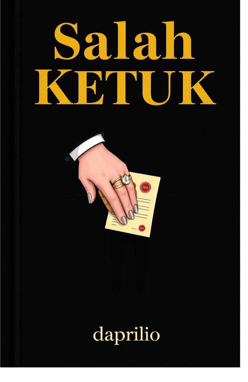 A novel cover design titled 'Salah Ketuk' featuring bold and elegant uppercase lettering in gold, contrasting against a dark background to create a dramatic effect