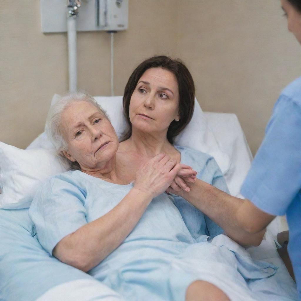 A worried family member sitting next to a patient lying on a hospital bed. Show the family member holding the patient's hand, suggesting support and care.