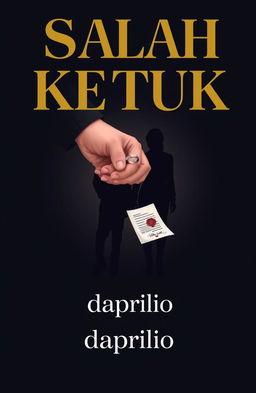 A novel cover design titled 'Salah Ketuk' featuring bold and elegant uppercase lettering in gold, contrasting against a dark background to create a dramatic effect