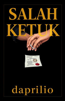 A novel cover design titled 'Salah Ketuk' featuring bold and elegant uppercase lettering in gold, contrasting against a dark background to create a dramatic effect