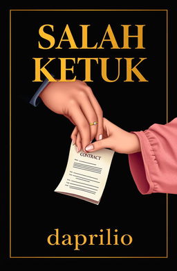 A novel cover design titled 'Salah Ketuk' featuring bold and elegant uppercase lettering in gold, contrasting against a dark background to create a dramatic effect