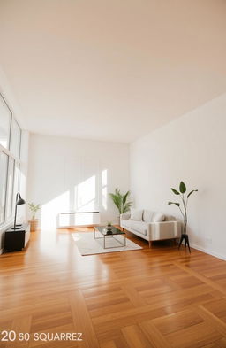 A clean, modern room featuring a spacious area of 20 square meters, with polished wooden floors and large windows that allow natural light to flood in