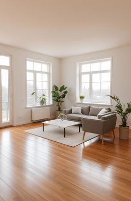 A clean, modern room featuring a spacious area of 20 square meters, with polished wooden floors and large windows that allow natural light to flood in