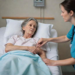 A worried family member sitting next to a patient lying on a hospital bed. Show the family member holding the patient's hand, suggesting support and care.