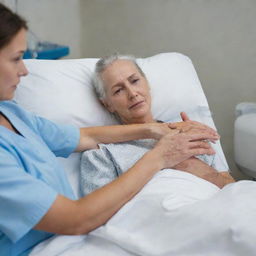 A worried family member sitting next to a patient lying on a hospital bed. Show the family member holding the patient's hand, suggesting support and care.