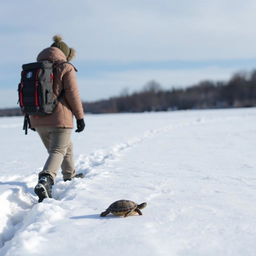 A person wearing a warm winter coat and a backpack, walking through a snowy landscape