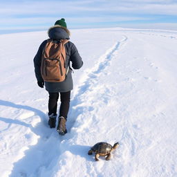 A person wearing a warm winter coat and a backpack, walking through a snowy landscape