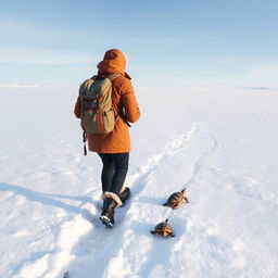 A person wearing a warm winter coat and a backpack, walking through a snowy landscape