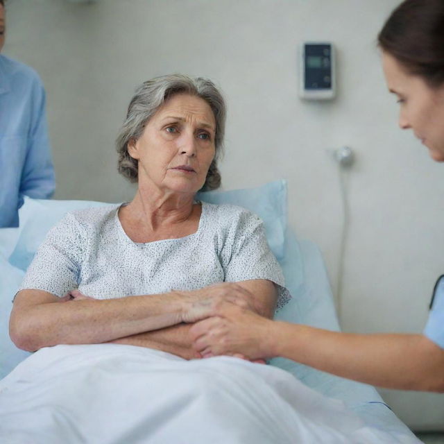 A worried family member sitting next to a patient lying on a hospital bed. Show the family member holding the patient's hand, suggesting support and care.