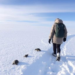 A person wearing a warm winter coat and a backpack, walking through a snowy landscape