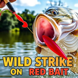 A detailed close-up of a large bass fish aggressively striking a vivid red artificial fish lure in the water, capturing the thrilling moment of action