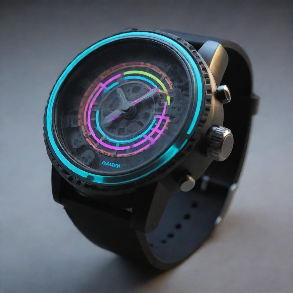 An electropunk styled wristwatch with vibrant neon tubing illustrating the hours, minutes, and seconds. The watch face reveals a captivating array of digitally animated gears, all contained within a robust, futuristic casing.