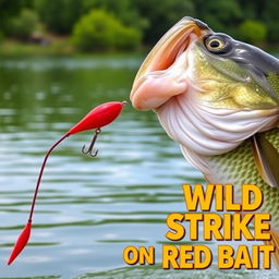 A detailed close-up of a large bass fish aggressively striking a vivid red artificial fish lure in the water, capturing the thrilling moment of action