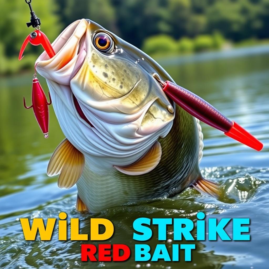 A detailed close-up of a large bass fish aggressively striking a vivid red artificial fish lure in the water, capturing the thrilling moment of action