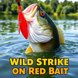 A detailed close-up of a large bass fish aggressively striking a vivid red artificial fish lure in the water, capturing the thrilling moment of action