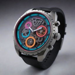 An electropunk styled wristwatch with vibrant neon tubing illustrating the hours, minutes, and seconds. The watch face reveals a captivating array of digitally animated gears, all contained within a robust, futuristic casing.