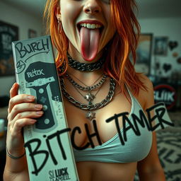 A captivating close-up shot focusing on the torso of a gorgeous female redhead wearing a tank top adorned with punk chains