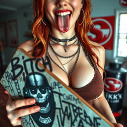 A captivating close-up shot focusing on the torso of a gorgeous female redhead wearing a tank top adorned with punk chains