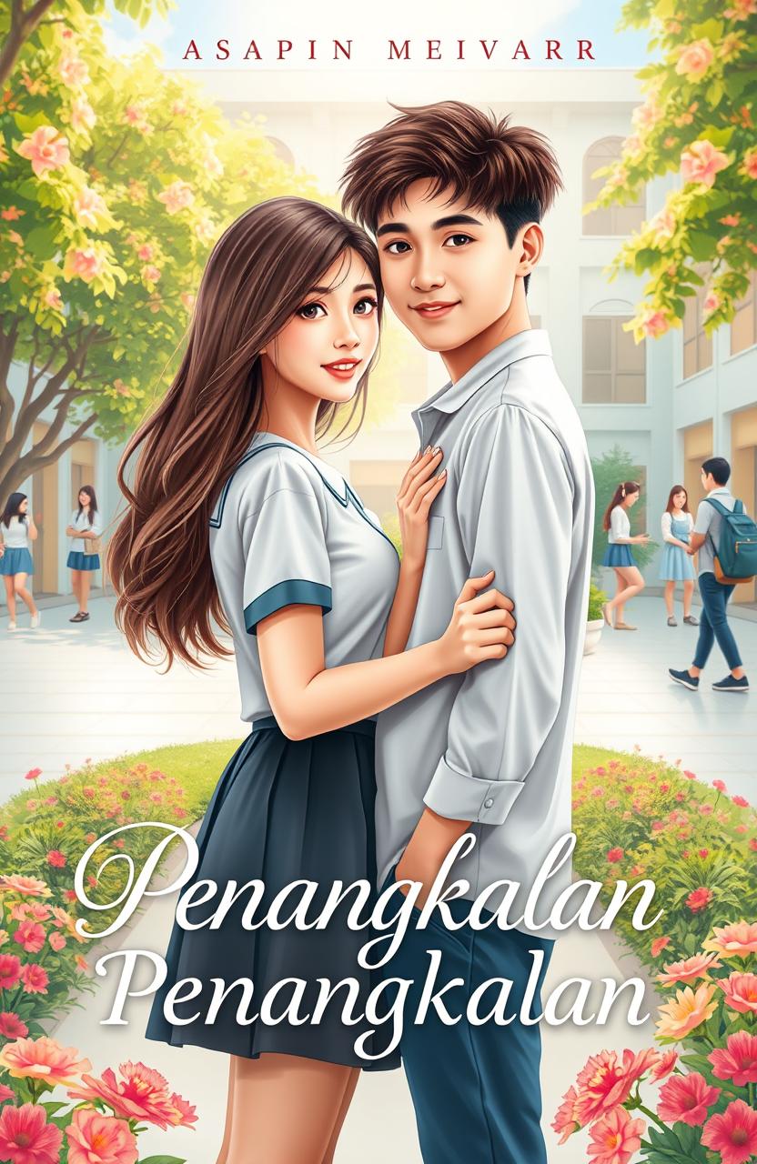 A captivating novel cover design for a teenage romantic story titled 'Penangkalan'