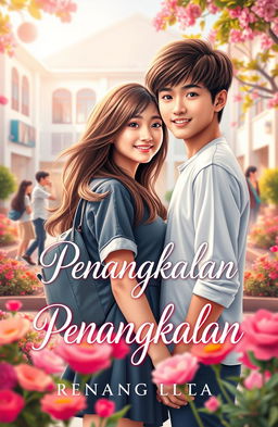 A captivating novel cover design for a teenage romantic story titled 'Penangkalan'