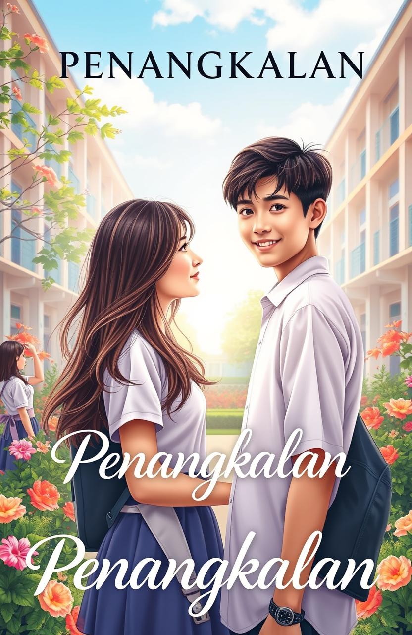 A captivating novel cover design for a teenage romantic story titled 'Penangkalan'