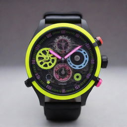 An electropunk styled wristwatch with vibrant neon tubing illustrating the hours, minutes, and seconds. The watch face reveals a captivating array of digitally animated gears, all contained within a robust, futuristic casing.