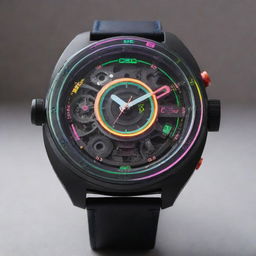 An electropunk styled wristwatch with vibrant neon tubing illustrating the hours, minutes, and seconds. The watch face reveals a captivating array of digitally animated gears, all contained within a robust, futuristic casing.