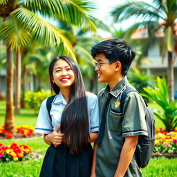 A heartwarming scene depicting two Indonesian high school teenagers, a boy and a girl, standing together in a lush green schoolyard