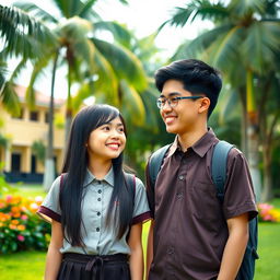 A heartwarming scene depicting two Indonesian high school teenagers, a boy and a girl, standing together in a lush green schoolyard