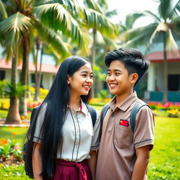 A heartwarming scene depicting two Indonesian high school teenagers, a boy and a girl, standing together in a lush green schoolyard