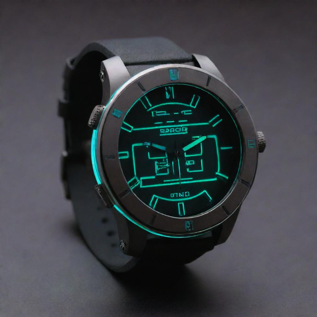 A cyberpunk style wristwatch. Imagine cutting-edge technology on display: a sleek, holographic time display, vibrant neon accents, nestled in a high-tech metallic case. The band is composed of dark synthetic material with neon detailing.