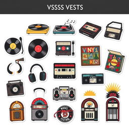 A collection of 15 individual stickers featuring vintage vinyl records and music-themed designs on a white background