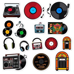 A collection of 15 individual stickers featuring vintage vinyl records and music-themed designs on a white background