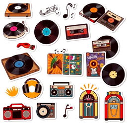 A collection of 15 individual stickers featuring vintage vinyl records and music-themed designs on a white background