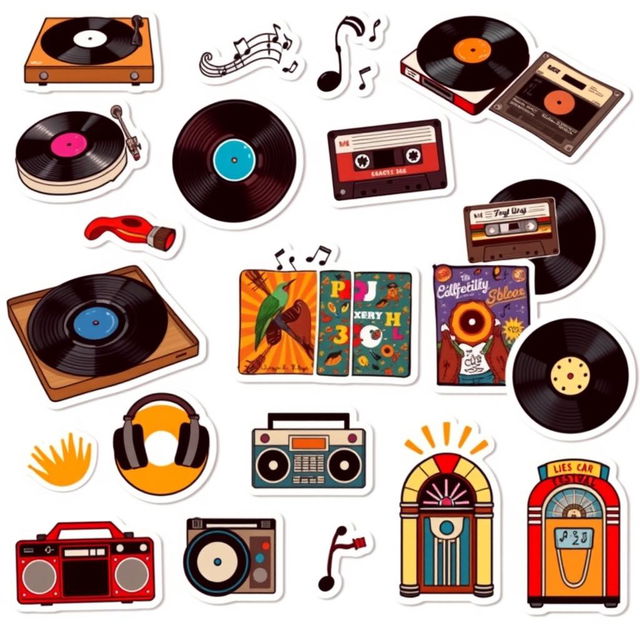 A collection of 15 individual stickers featuring vintage vinyl records and music-themed designs on a white background