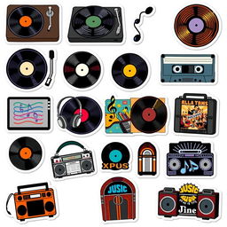 A collection of 15 individual stickers featuring vintage vinyl records and music-themed designs on a white background